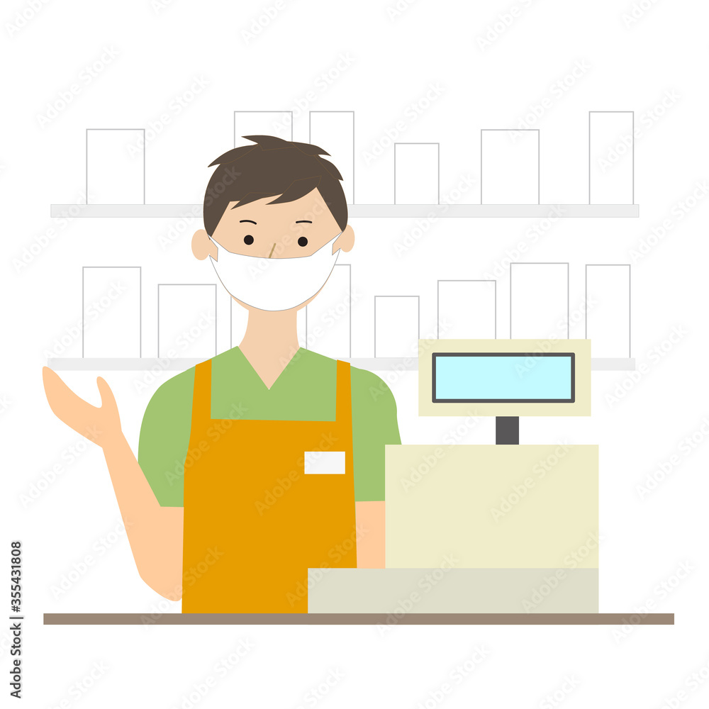 Vector illustration of a male clerk smiling at the cash register Vector illustration of a male clerk smiling at the cash register