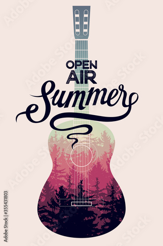 Summer music open air festival poster with coniferous landscape inside the guitar. Retro vector illustration.