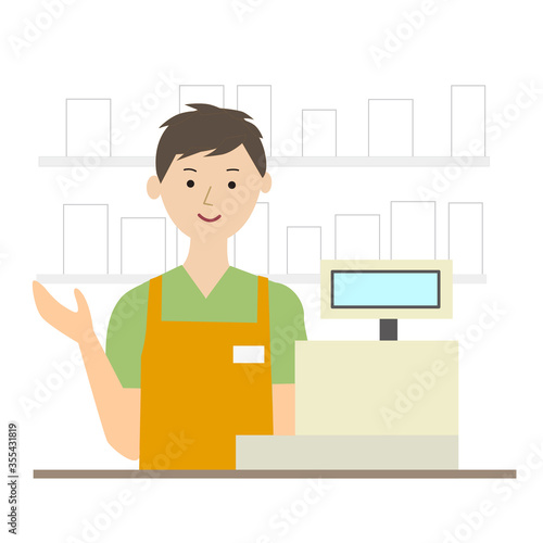 Vector illustration of a male clerk smiling at the cash register
