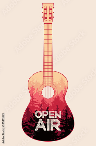 Summer music open air festival poster with coniferous landscape inside the guitar. Retro vector illustration.