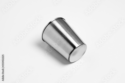 Stainless steel empty cup Mockup isolated on white background, Top view. High-resolution photo.