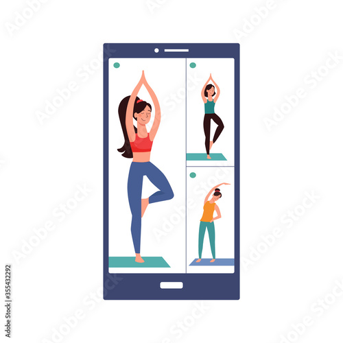 Workouts online, yoga, vrksasana vector. Phone with training online. Girls are engaged in yoga on the mat through a video conference. During quarantine, people play sports at home. Fitness with gadget