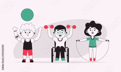 Disabled kids do sports exercises with dumbbells, ball, skipping rope