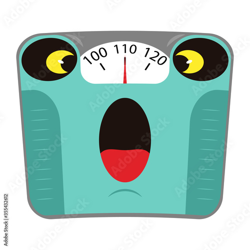 Scared mechanical bathroom scale with big weight on the dial. Concept obesity and unhealthy lifestyle. Cartoon character. Scale with fright on the face from overweight. Vector illustration.