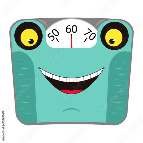 Funny mechanical bathroom scale with face and smile. Concept healthy lifestyle. Cartoon character. Vector illustration.