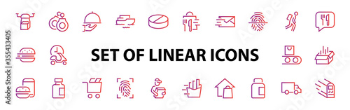PIZZA DELIVERY, and Food Icon Set Vector thin line, contains courier, home delivery, food ordering, fast transport, drone, ship, car, editable stroke. ICONS circuits