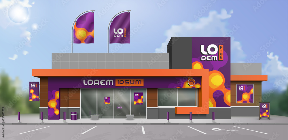 Purple store design with orange molecules. Elements of outdoor advertising. Corporate identity