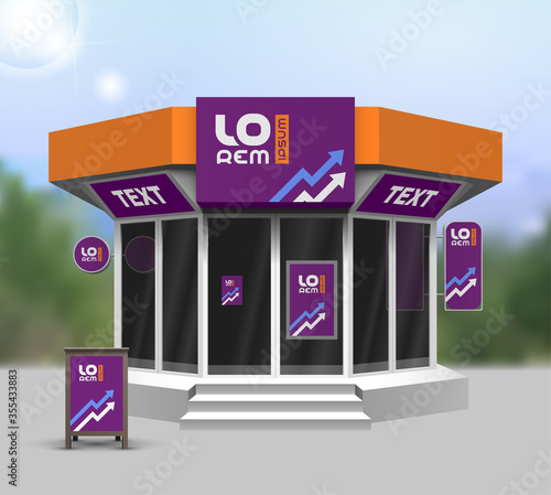 Purple store design with orange molecules. Elements of outdoor advertising. Corporate identity