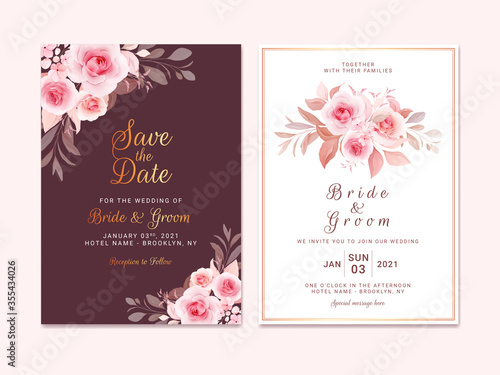Maroon wedding invitation template set with romantic floral border and bouquet. Roses and sakura flowers composition vector for save the date, greeting, thank you, rsvp card vector
