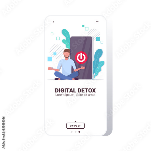 man sitting lotus pose smartphone with turn off button on screen digital detox concept guy abandoning internet and social networks full length copy space vector illustration