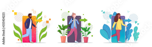 set people coming out of cellphone digital detox concept characters escaping from digital addiction abandoning internet and social networks horizontal full length vector illustration