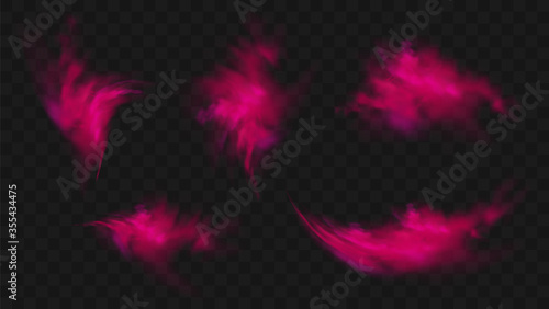 Red smoke or fog set isolated on transparent dark background. Abstract red powder explosion with particles. Colorful dust cloud explode, paint holi, mist smog effect. Realistic vector illustration
