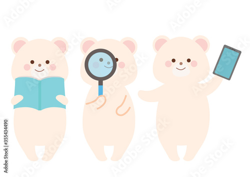 シロクマイラストセット　本を読む白くま　虫眼鏡を覗く白くま　スマホを持つ白くま