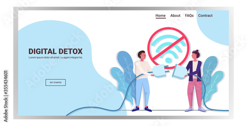 man woman unplugging wireless network digital detox rest from devices concept people abandoning internet horizontal full length copy space vector illustration