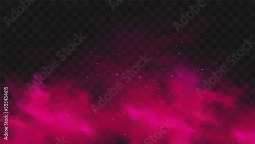Red smoke or fog color isolated on transparent dark background. Abstract red powder explosion with particles. Colorful dust cloud explode  paint holi  mist smog effect. Realistic vector illustration