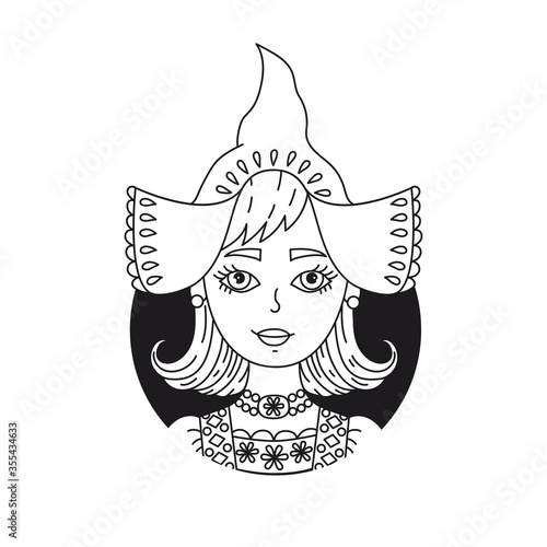 Holland Netherlands girl doodle black and white portrait  vector illustration