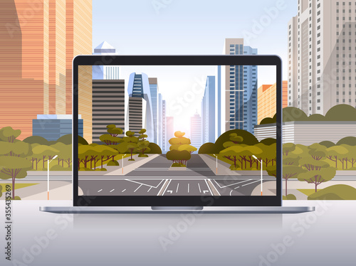 transparent laptop screen cityscape background realistic gadgets and devices concept horizontal vector illustration