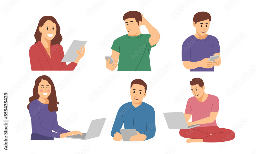 Set of People with gadgets in their hands. isolated person flat illustration Set of People with gadgets in their hands. isolated person flat illustration