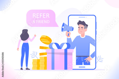 Referral marketing or affiliate marketing concept. Young man shouts on megaphone and invites his friends to earn online reward from refer a friend loyalty program, vector illustration