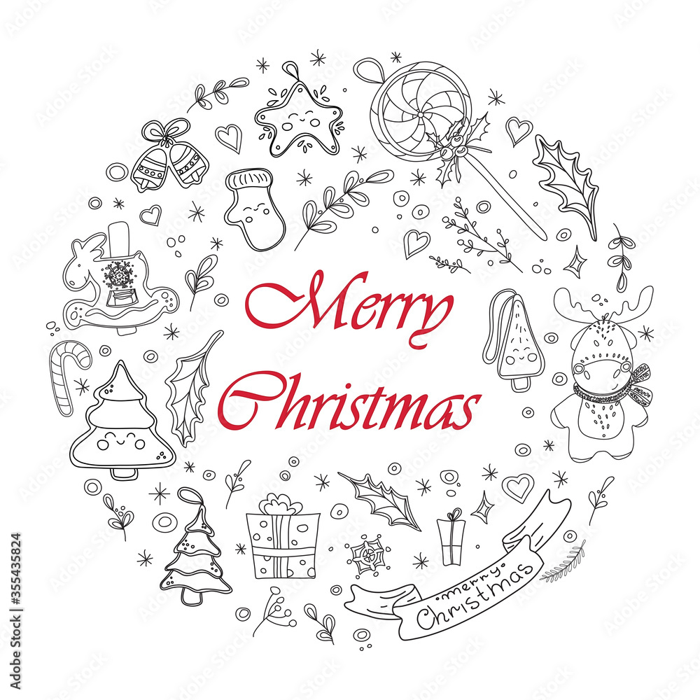 Merry christmas and Happy new year vector background with red and black symbols isolated on white. Doodle Christmas holiday greeting card design elements. Sketch drawing for your design.