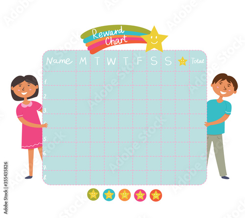 Daily Evening routine. Sticker rewards chart. School board for children with asterisks. Vector 
