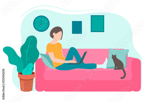 Woman working on a laptop on the couch. Vector graphics.