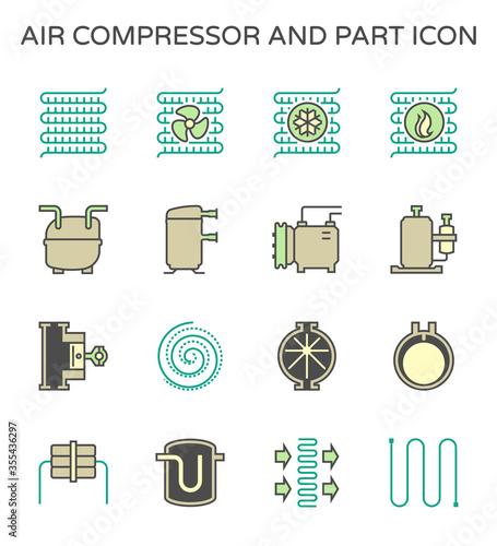 Air compressor or air condenser unit is a part of air conditioning HVAC systems. Vary type of compressor such as reciprocating, scroll, rotary, rotary vane. Including receiver. Vector icon design.