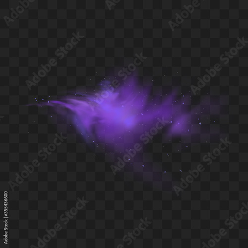 Purple smoke isolated on transparent dark background. Abstract purple powder explosion with particles and glitter. Smoke hookah, poison gas, violet dust, fog effect. Realistic vector illustration