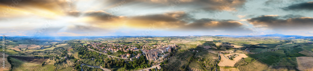 Fototapeta premium Pienza, Tuscany. Aerial view at sunset of famous medieval town