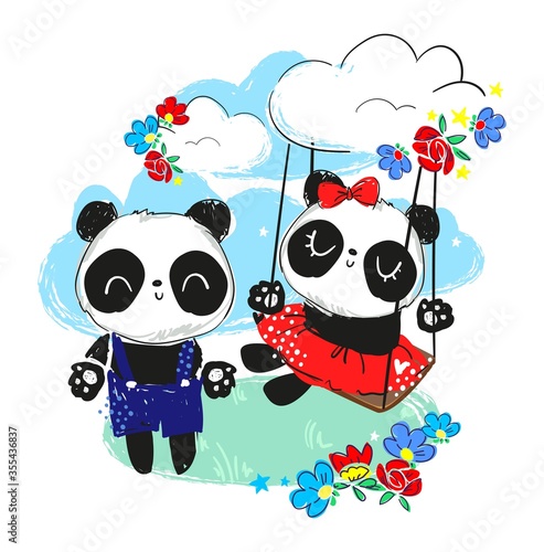 Panda in a dress with a bow on a swing. Cute couple Panda. Beautiful vector illustration. Print design