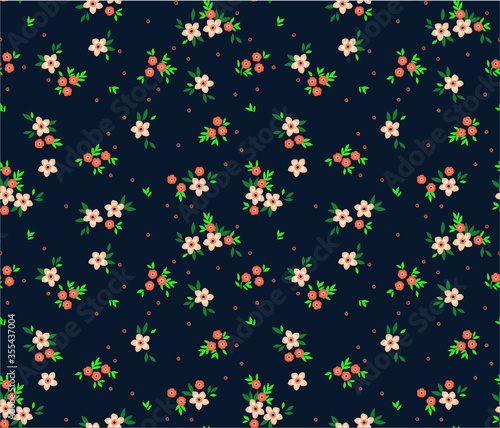 Simple cute pattern in small white and orange flowers on dark blue background. Liberty style. Ditsy print. Floral seamless background. The elegant the template for fashion prints.