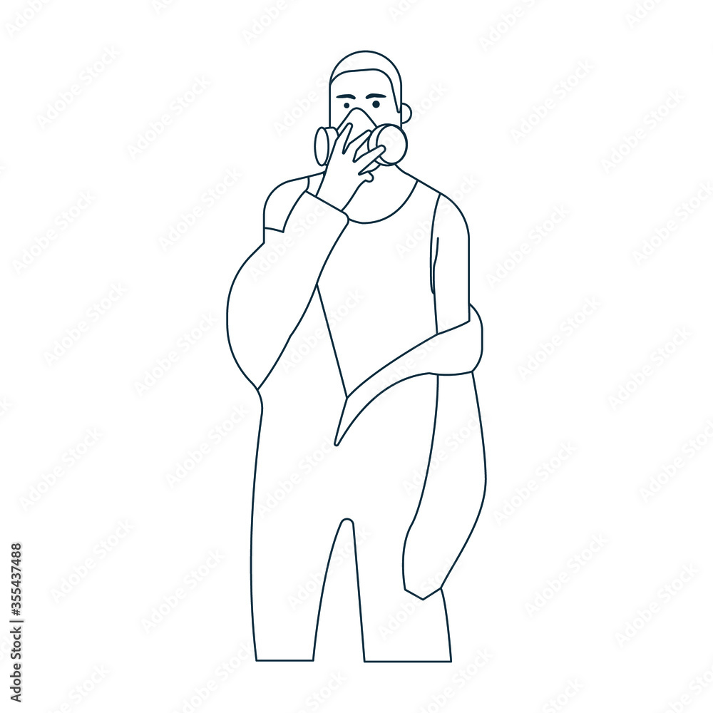 man wearing gas mask using his right hand outline vector illustration man wearing gas mask using his right hand outline vector illustration