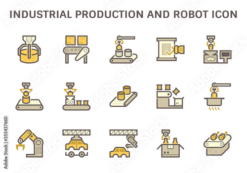 Industrial production robot and computer control vector icon set design.