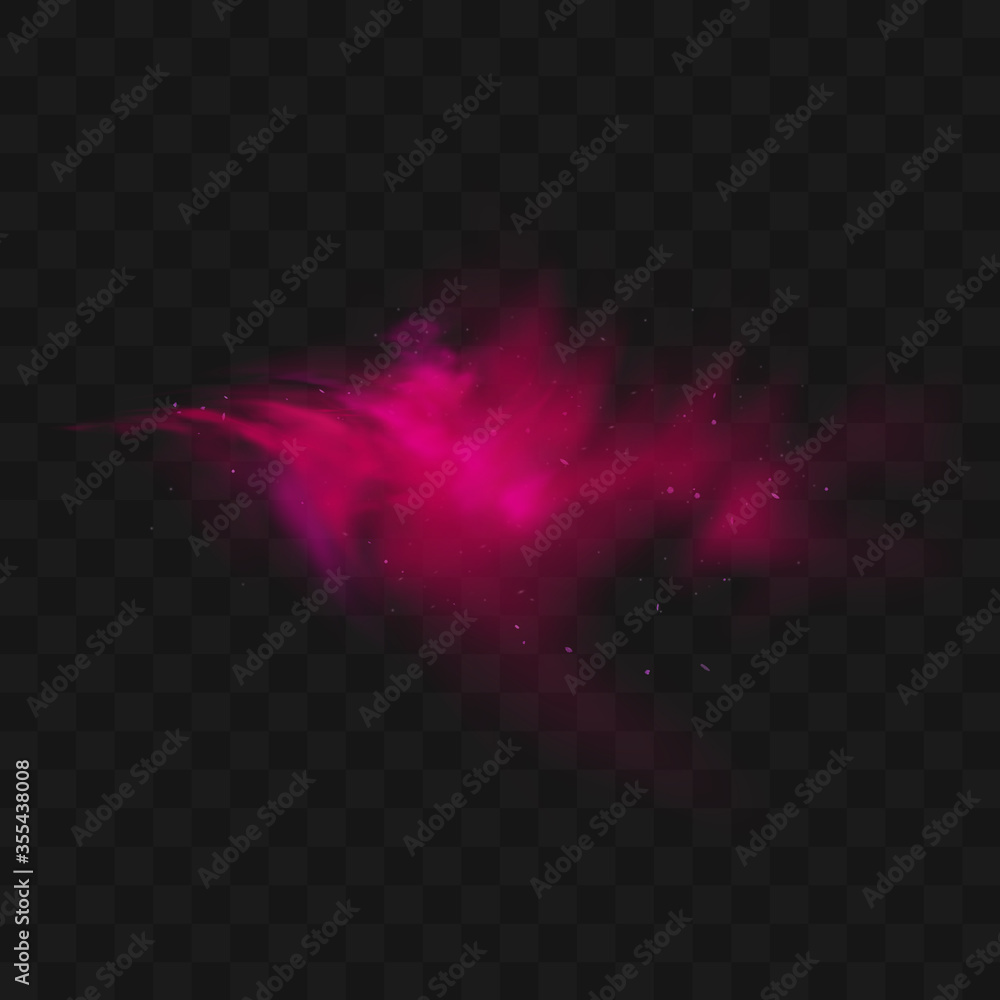 Red smoke or fog color isolated on transparent dark background. Abstract pink powder explosion with particles. Colorful dust cloud explode, paint holi, mist smog effect. Realistic vector illustration