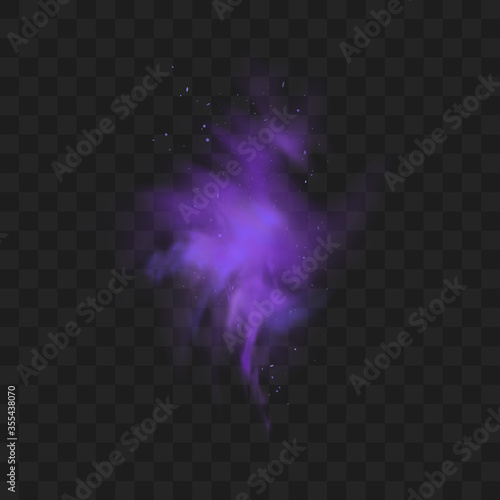 Purple smoke isolated on transparent dark background. Abstract purple powder explosion with particles and glitter. Smoke hookah, poison gas, violet dust, fog effect. Realistic vector illustration