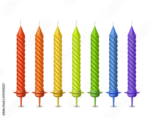 Birthday cake wax candle set isolated on white background. Vector 3D color realistic candlelight elements design
