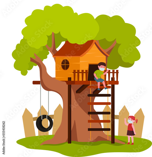 Kids are playing together around treehouse while using medical mask
