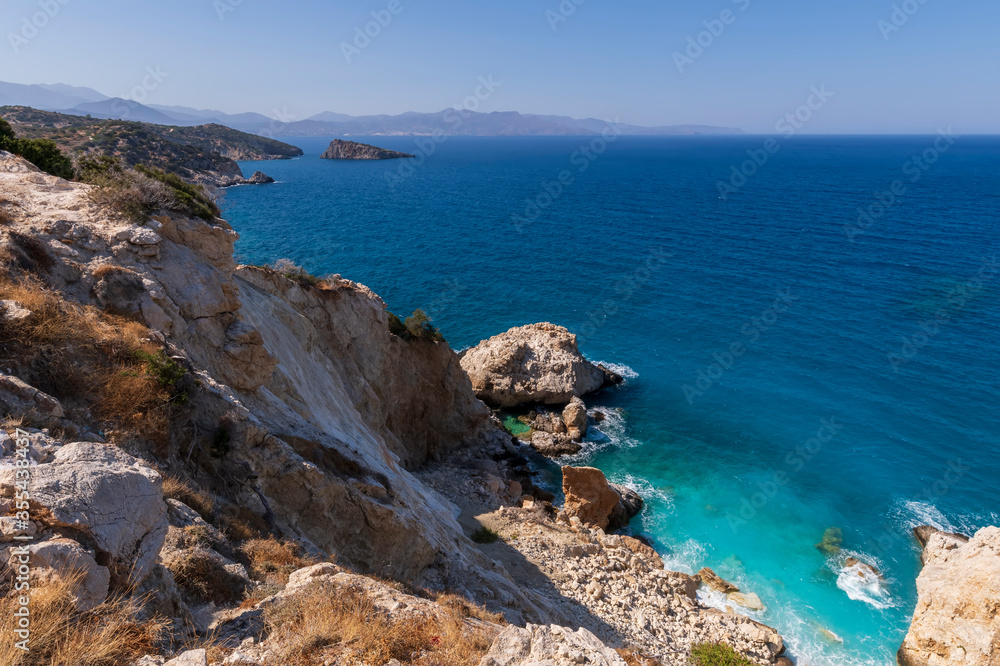 Panoramic view of a sea and islands from the top of the mountain, on the island of Crete, Greece.