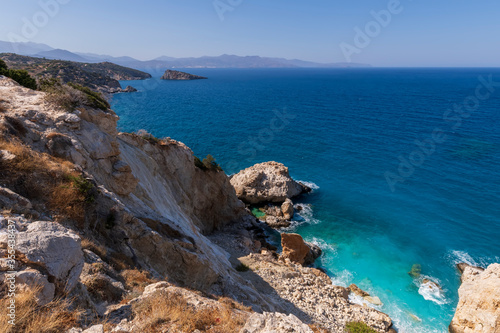 Panoramic view of a sea and islands from the top of the mountain, on the island of Crete, Greece.