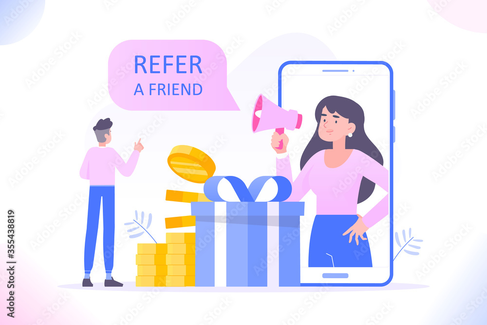 Referral marketing or affiliate marketing concept. Young woman shouts on megaphone and invites her friends to earn online reward from refer a friend loyalty program, vector illustration Referral marketing or affiliate marketing concept. Young woman shouts on megaphone and invites her friends to earn online reward from refer a friend loyalty program, vector illustration