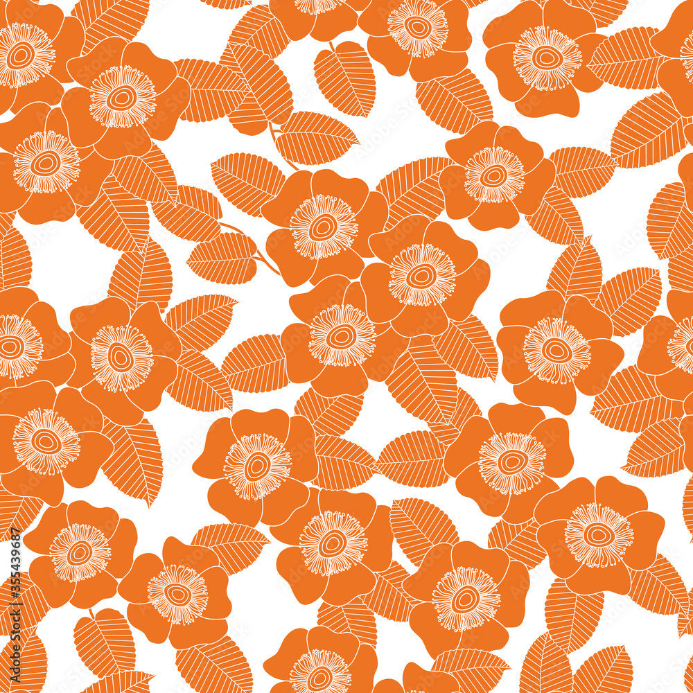 Vector Flowers Silhouettes in Orange with Leaves on White Background Seamless Repeat Pattern. Background for textiles, cards, manufacturing, wallpapers, print, gift wrap and scrapbooking. Vector Flowers Silhouettes in Orange with Leaves on White Background Seamless Repeat Pattern. Background for textiles, cards, manufacturing, wallpapers, print, gift wrap and scrapbooking.