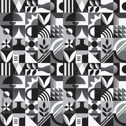 Abstract Seamless Pattern with Geometric Shapes and Home Decor Elements. Vector illustration