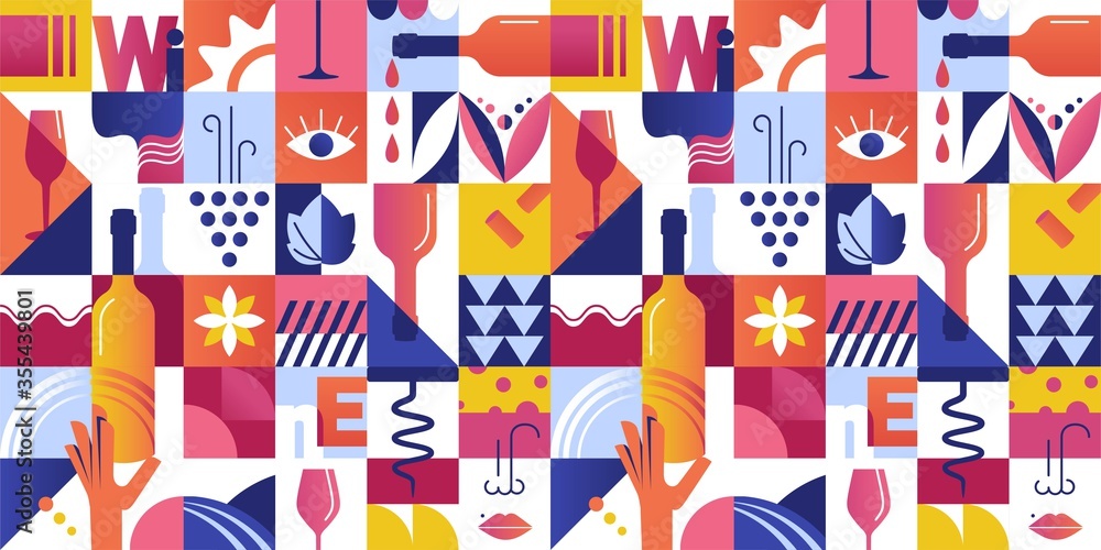Abstract Seamless Pattern with Geometric Shapes and Wine Tasting Concept Elements. Vector illustration Abstract Seamless Pattern with Geometric Shapes and Wine Tasting Concept Elements. Vector illustration