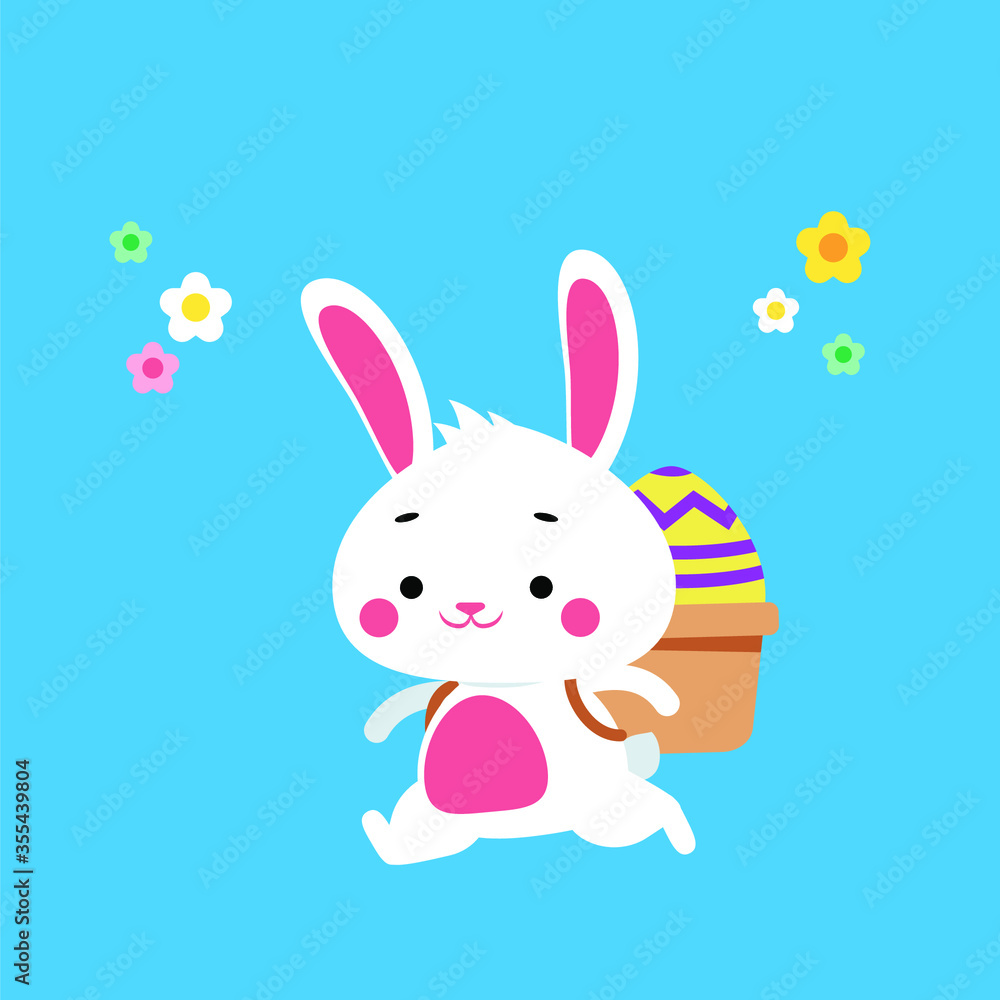 Cute easter bunny running with a holiday basket with giant egg. Festive concept Cute easter bunny running with a holiday basket with giant egg. Festive concept