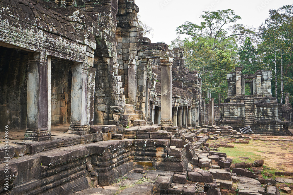 Ruins of Bayon khmer temple at Angkor Wat complex in Cambodia