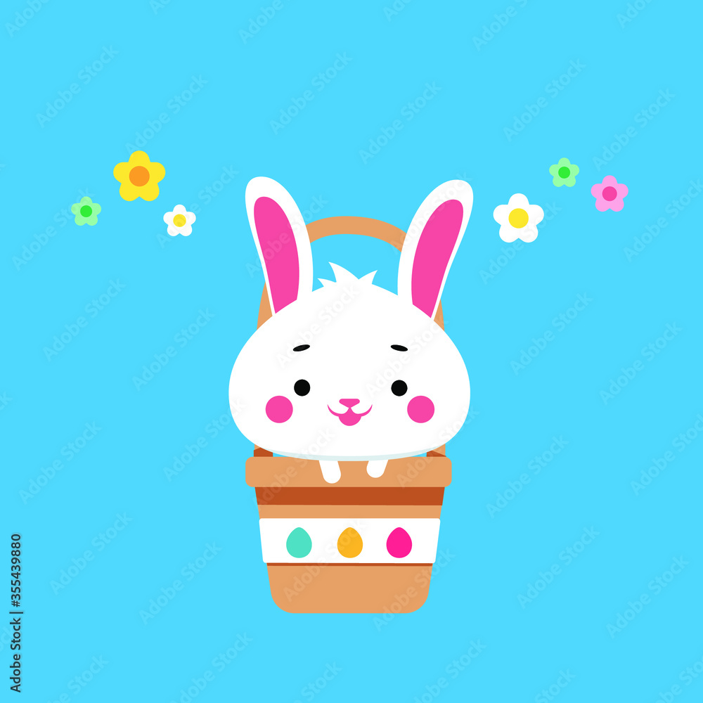 Cute easter bunny hiding in a holiday basket. Festive concept Cute easter bunny hiding in a holiday basket. Festive concept