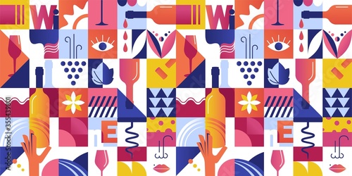 Abstract Seamless Pattern with Geometric Shapes and Wine Tasting Concept Elements. Vector illustration