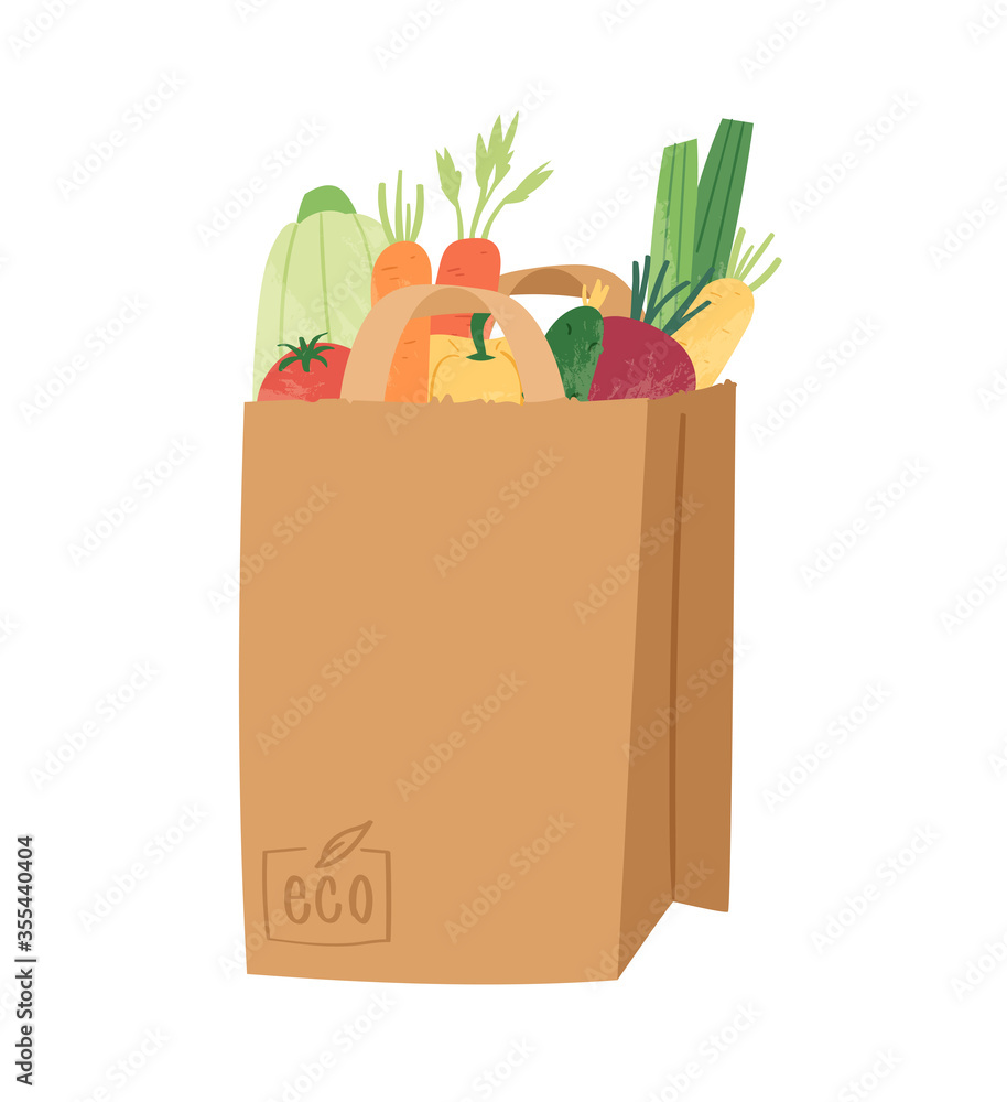 Naklejka Paper shopping bag with vegetables for eco friendly living. Vegan zero waste concept. Colorful hand drawn vector illustration design for banner, card, poster. Say NO to plastic