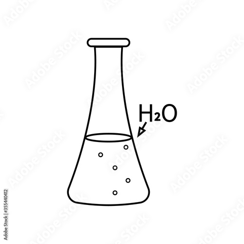 sketch with a laboratory conical flask of water, black outline white background, isolated vector illustration, icon, design, decoration, coloring