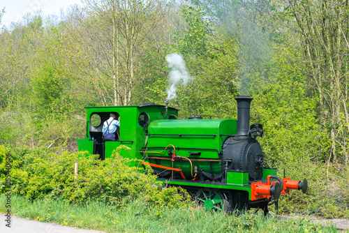 a green coal locomotive drives among forests
 photo